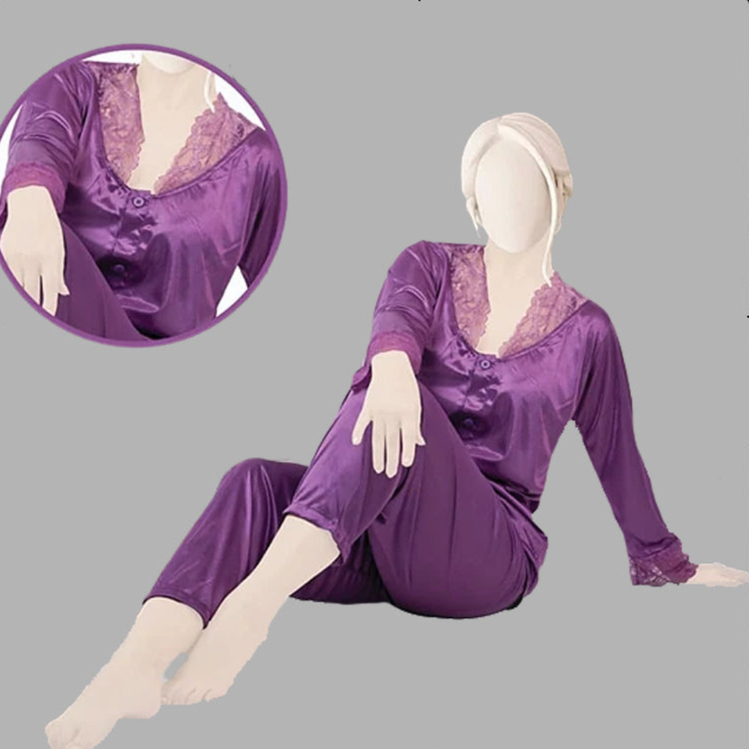 Satin Silk Lace-Trimmed Smooth Pajama Set