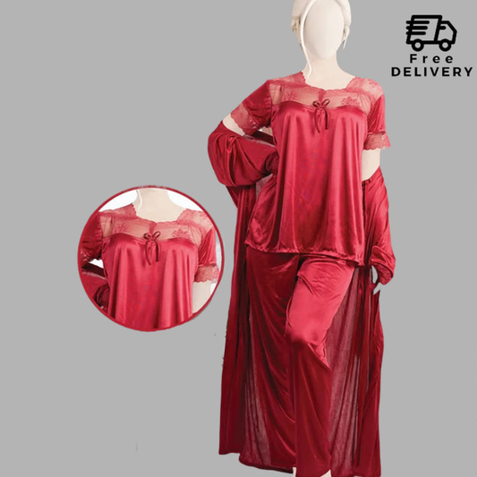 3 Pcs Satin Silk Pajama Set With Nightygown
