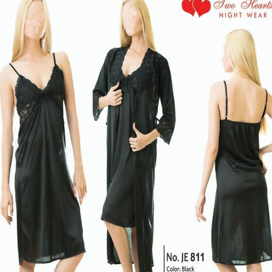 Ladies Floral Design Satin Silk 2-Pcs Long Nightwear Lingerie