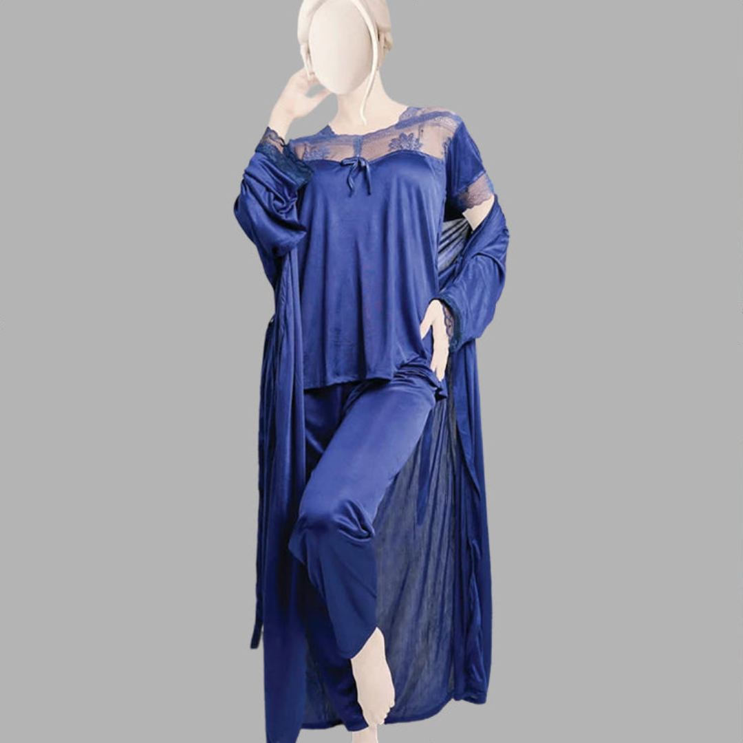3 Pcs Satin Silk Pajama Set With Nightygown