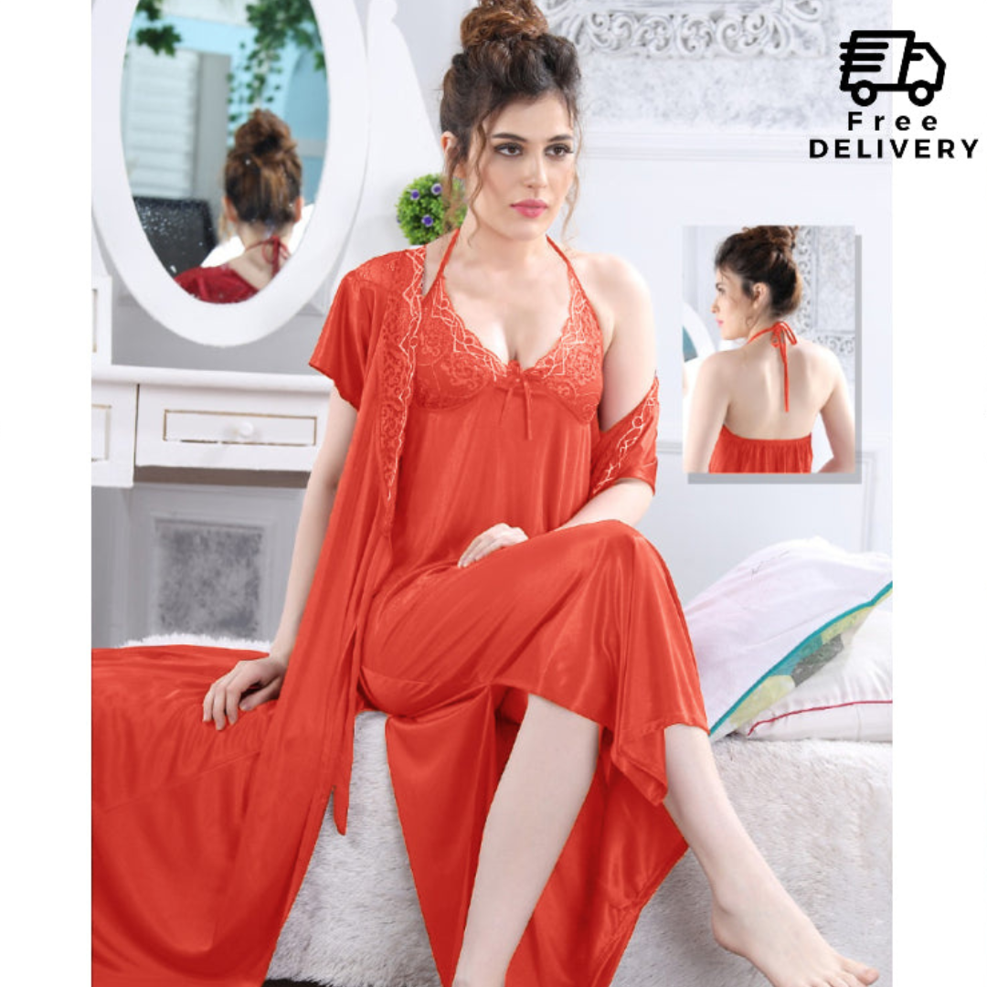 Elegant 2-Pcs Long Satin Silk Lingerie