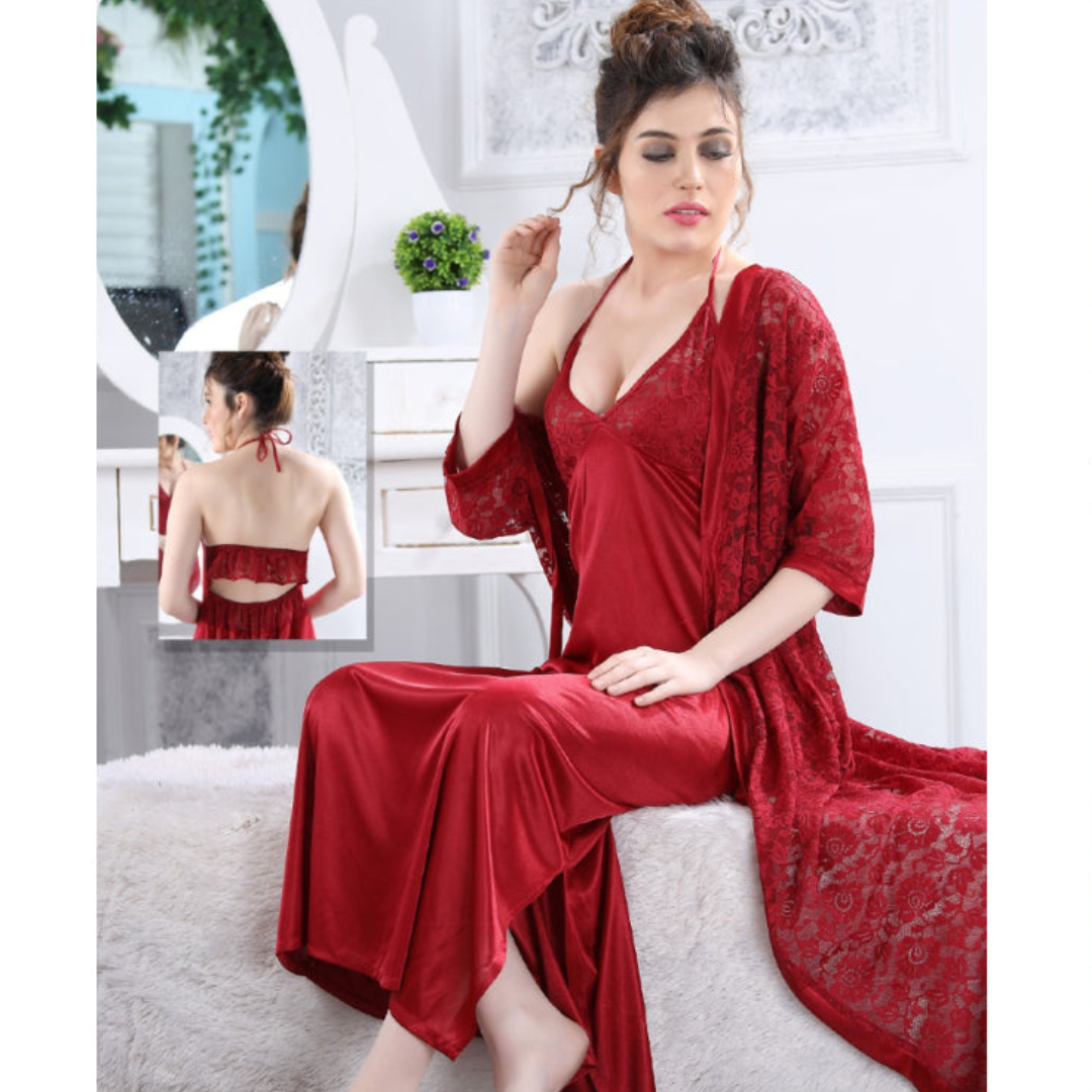 Ladies Long Satin Silk 2-Pcs Lingerie