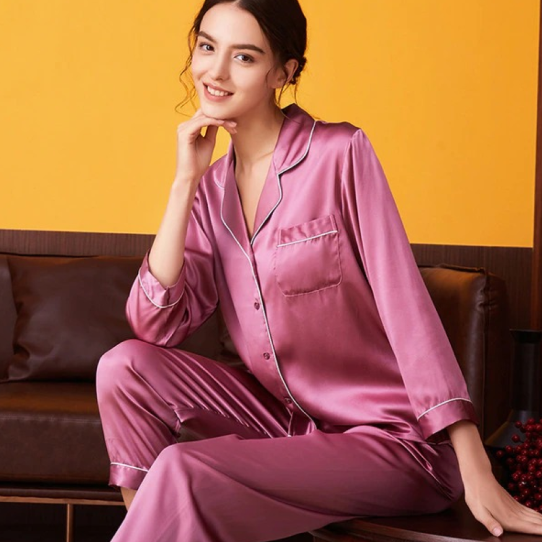 Satin Silk Pajamas Set V Neck Notched Collar
