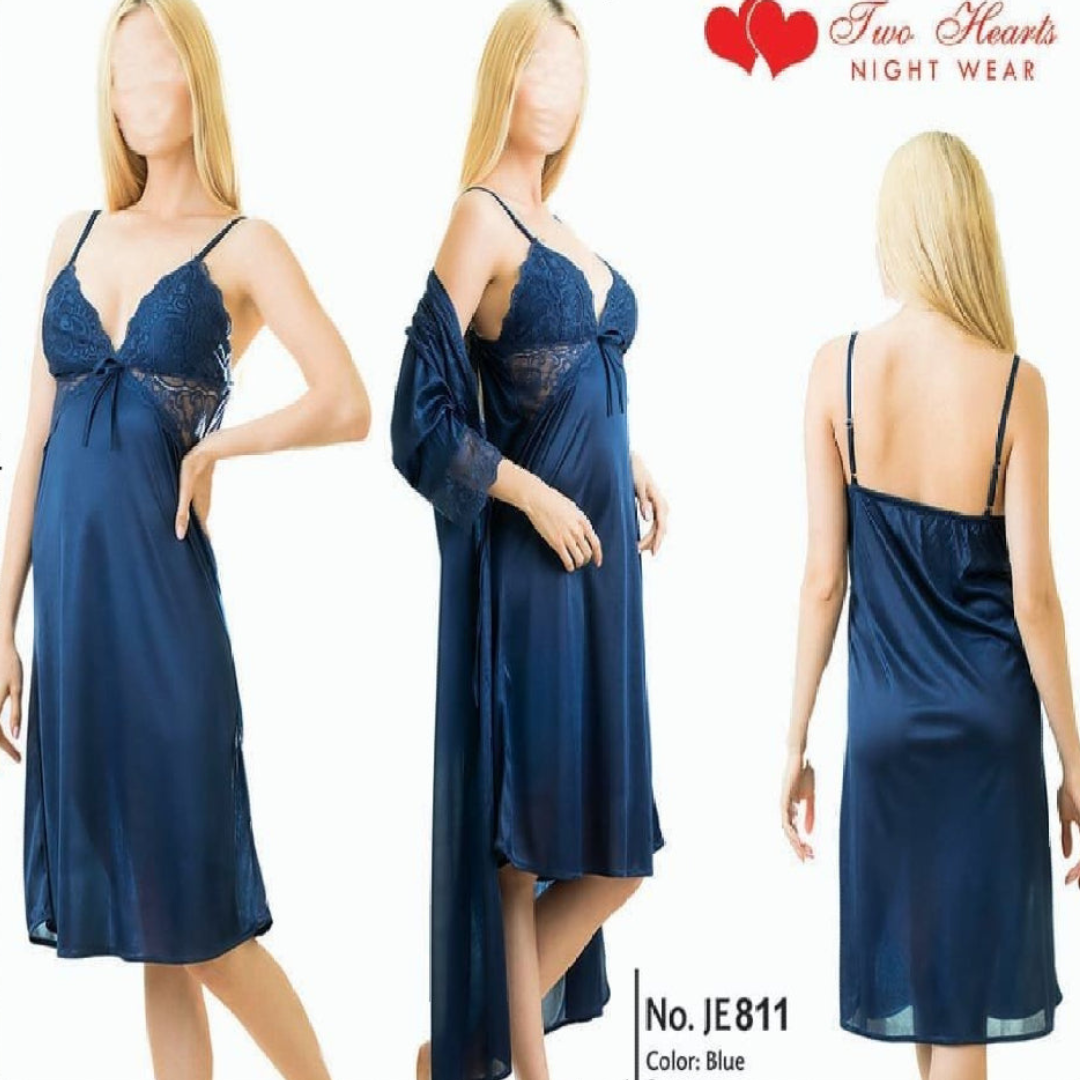 Ladies Floral Design Satin Silk 2-Pcs Long Nightwear Lingerie