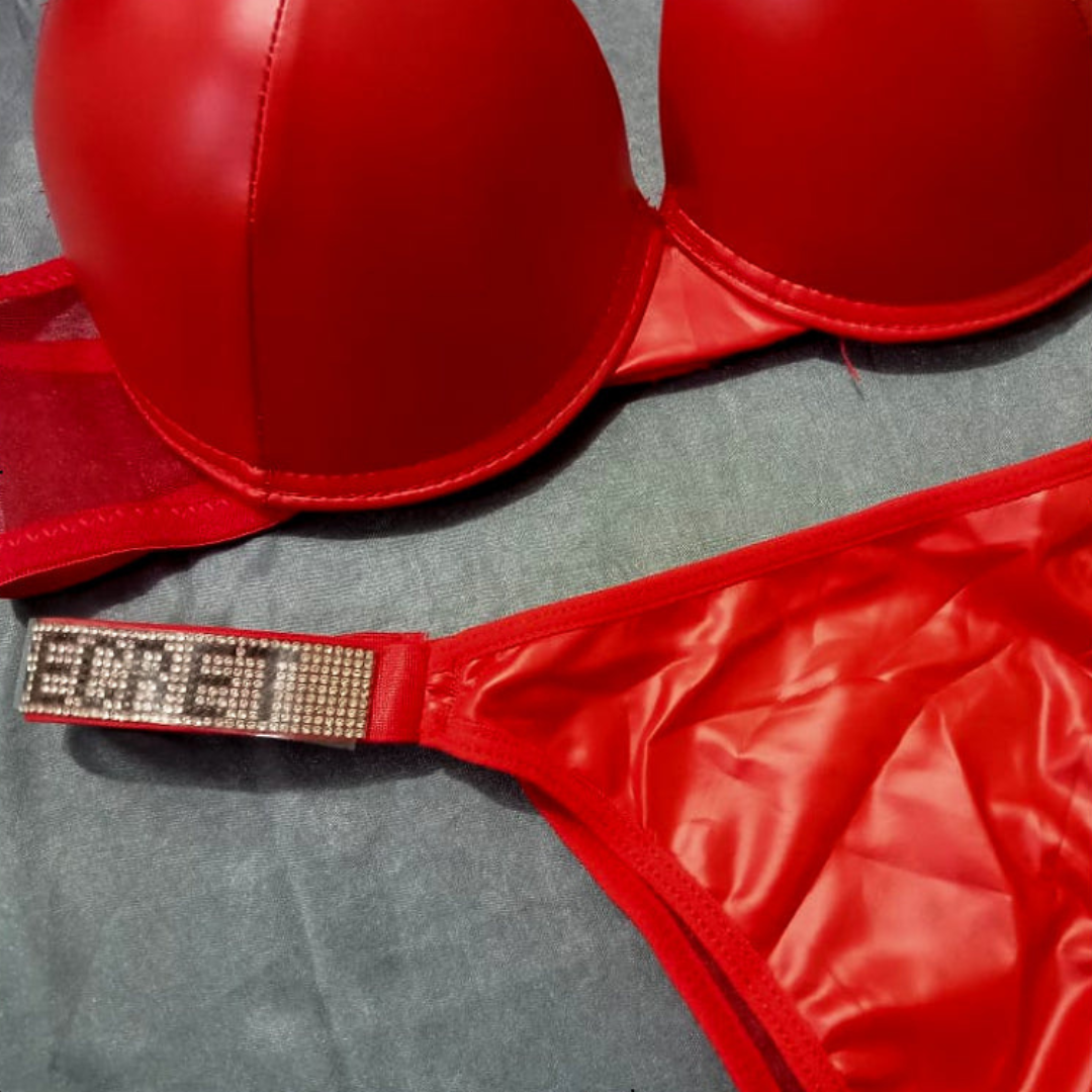 Soft Net Leather Push Up Bra Set