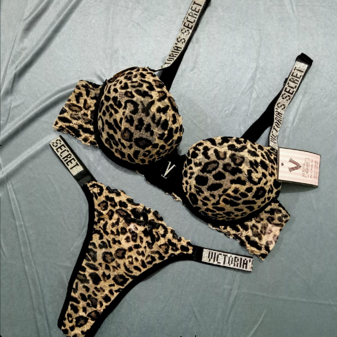 Padded Push Up Cheeta Printed Bra Set