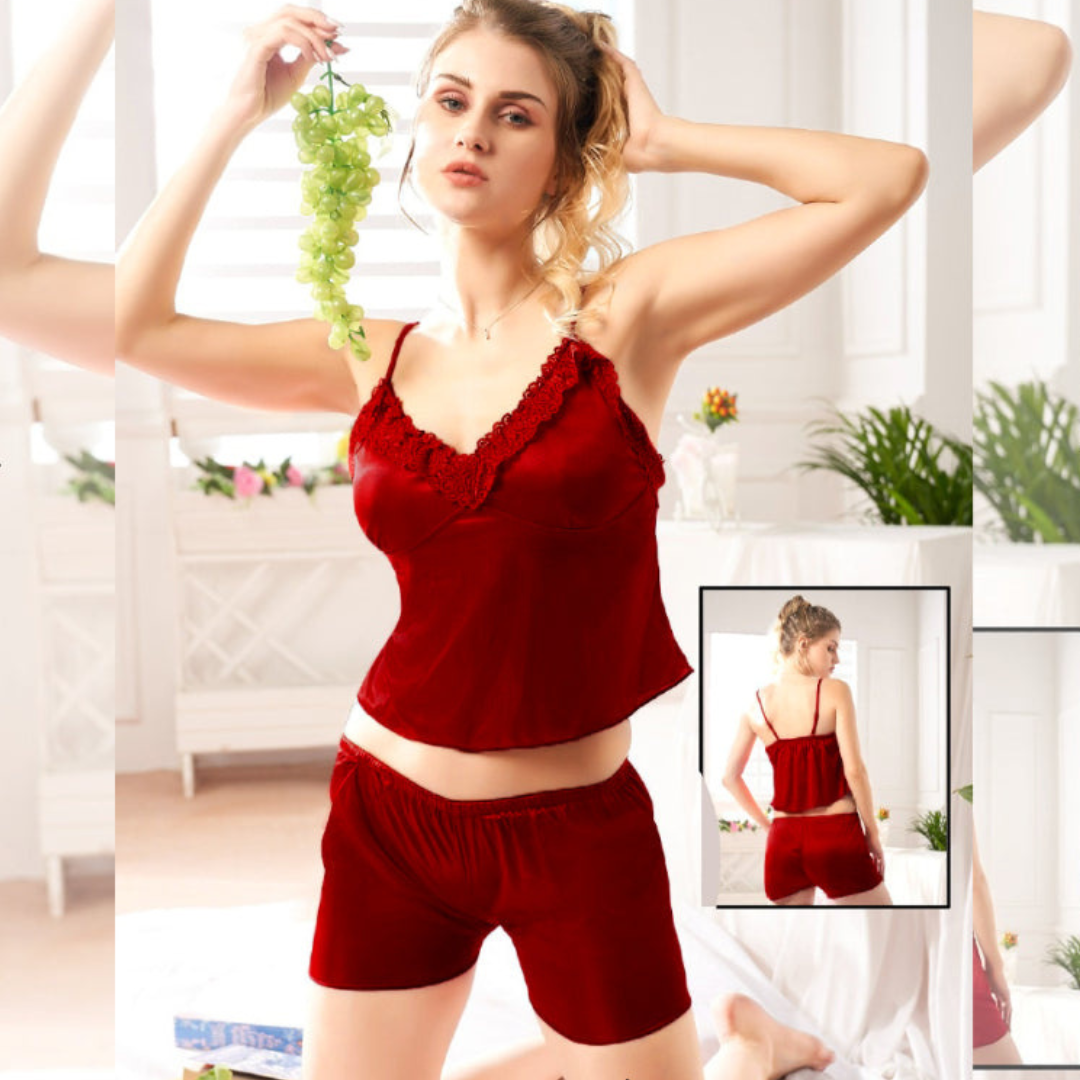 2 Pcs Plain Satin Silk Short Lingerie