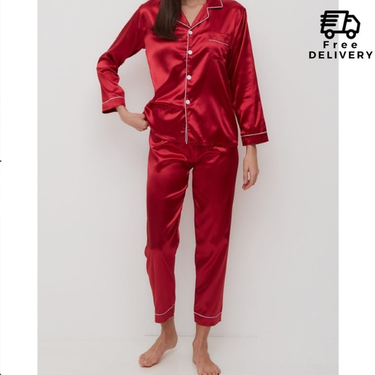 Satin Silk Pajamas Set V Neck Notched Collar