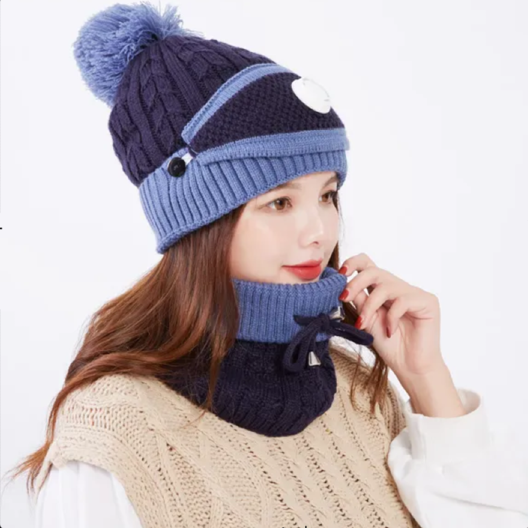 Winter Fleece Warm Cap & Scarf Set With Attached Face Mask For Ladies
