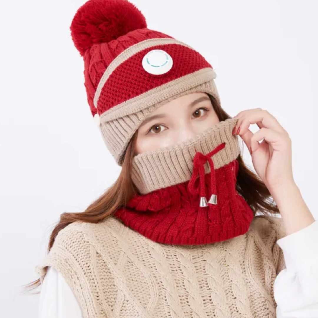 Winter Fleece Warm Cap & Scarf Set With Attached Face Mask For Ladies