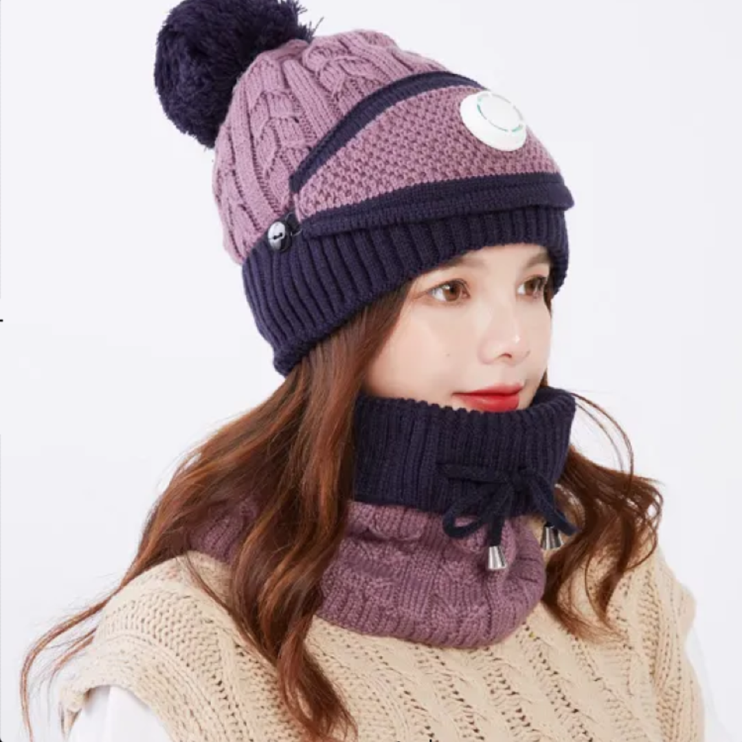 Winter Fleece Warm Cap & Scarf Set With Attached Face Mask For Ladies