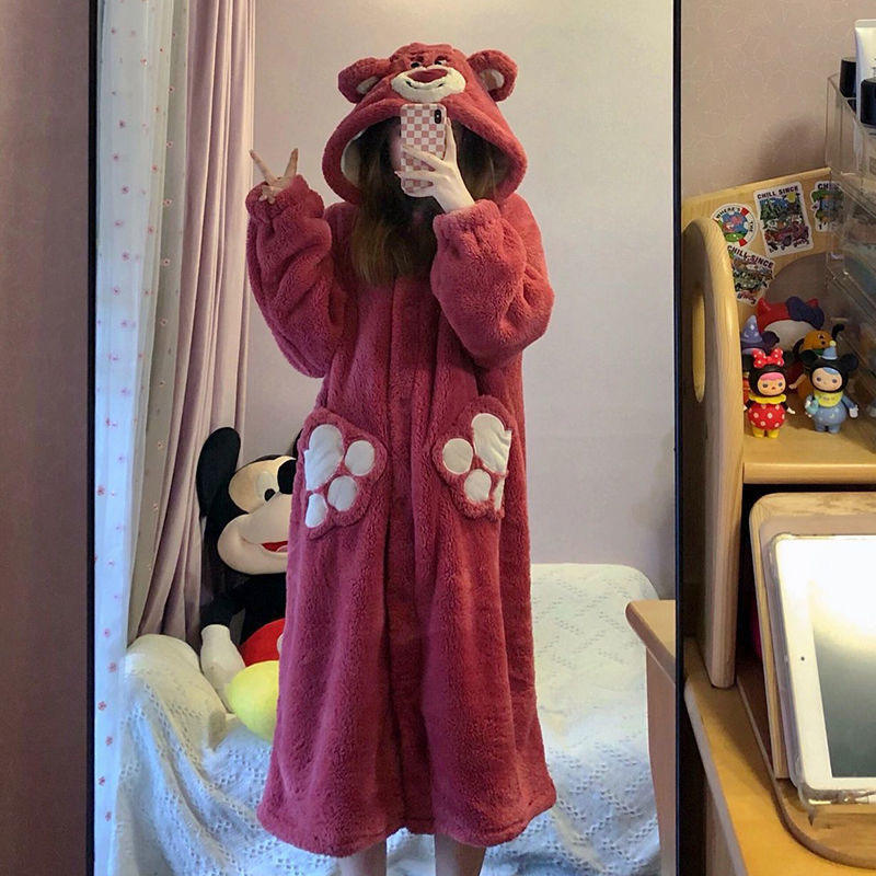 Sweet coral fleece strawberry bear style autumn and winter warm bathrobe for women
