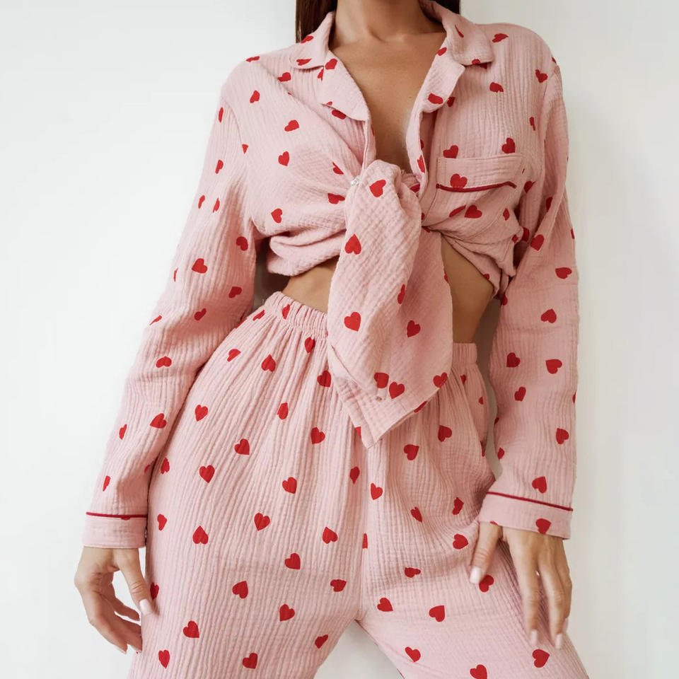 Heart Print Slip Nightdress Casual Crew Neck Criss Cross