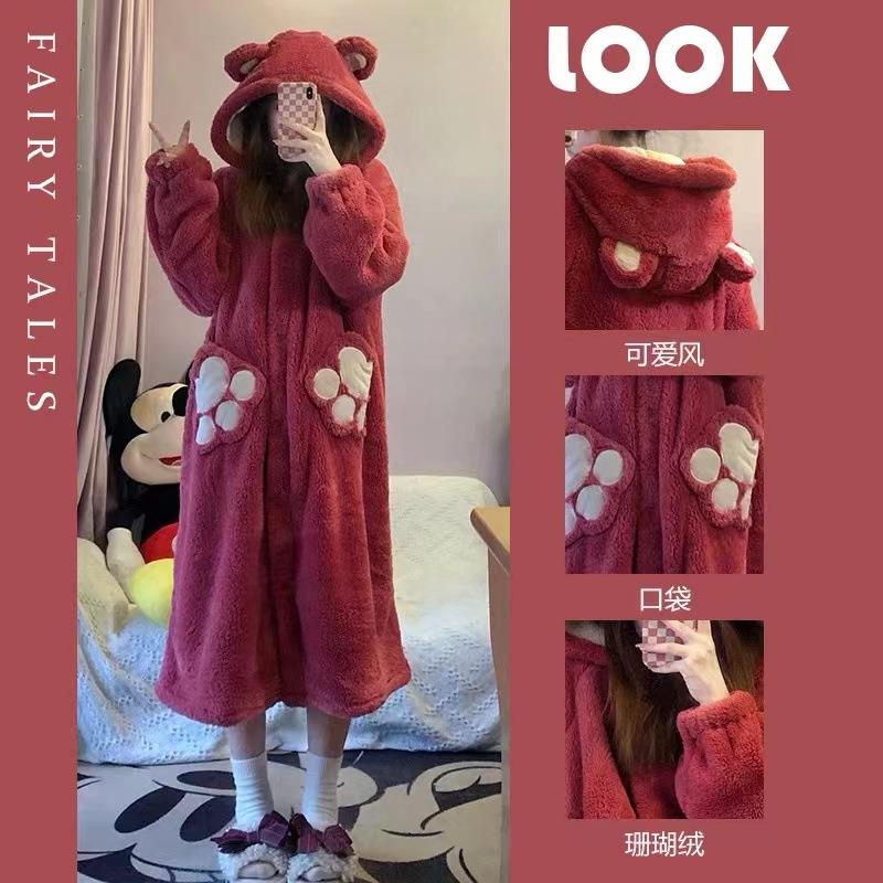 Sweet coral fleece strawberry bear style autumn and winter warm bathrobe for women