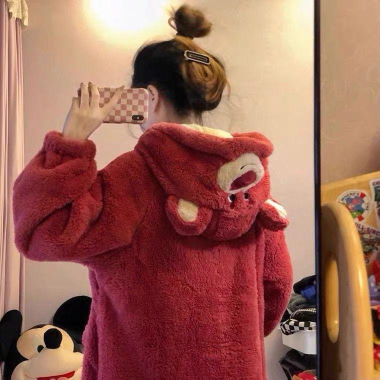 Sweet coral fleece strawberry bear style autumn and winter warm bathrobe for women