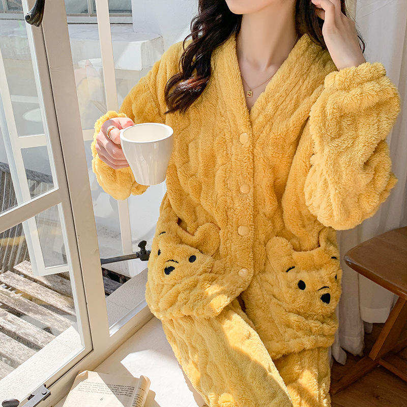 Cute Autumn Winter Women Fleece Pajama Set Home Wear