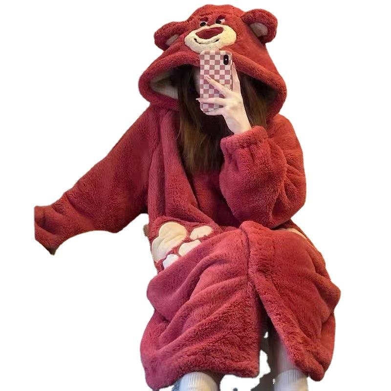 Sweet coral fleece strawberry bear style autumn and winter warm bathrobe for women