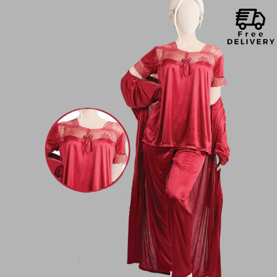3 Pcs Satin Silk Pajama Set With Nightygown