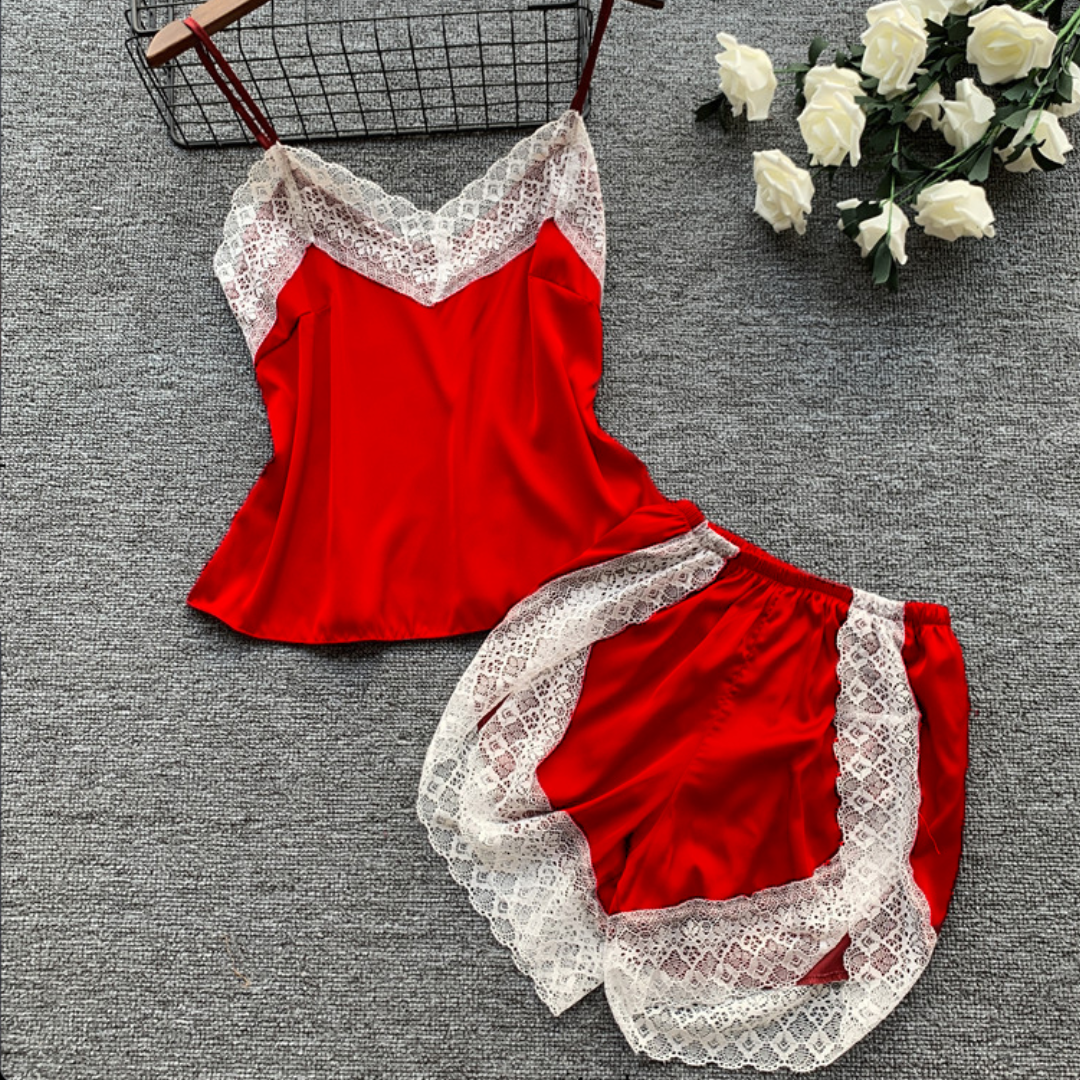 Satin Silk Lace Trim Lingerie With Boxer Panty