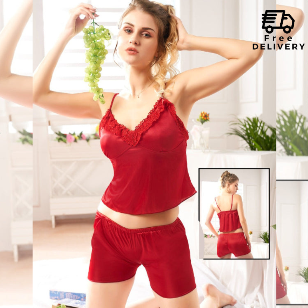 2 Pcs Plain Satin Silk Short Lingerie