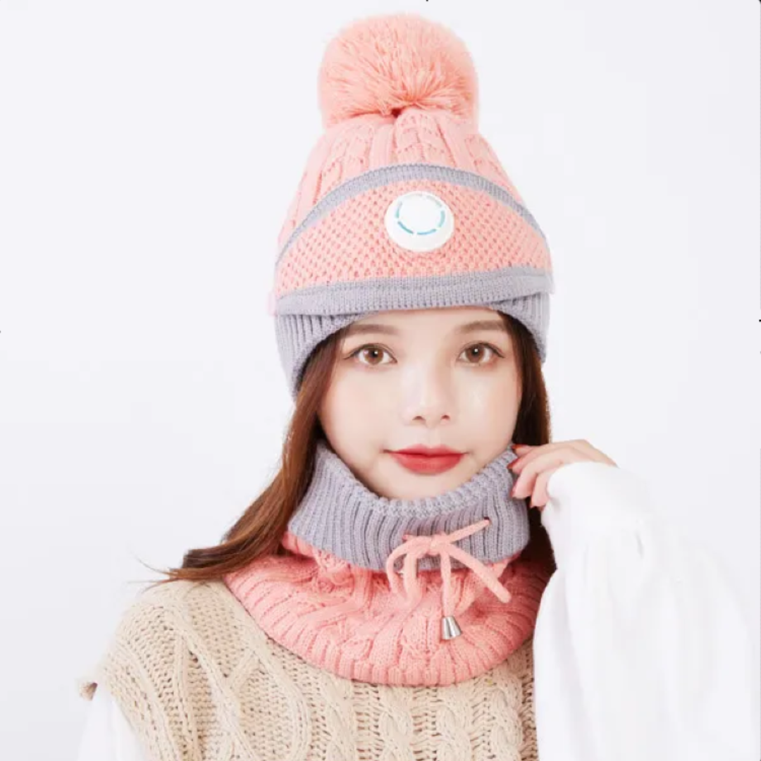 Winter Fleece Warm Cap & Scarf Set With Attached Face Mask For Ladies