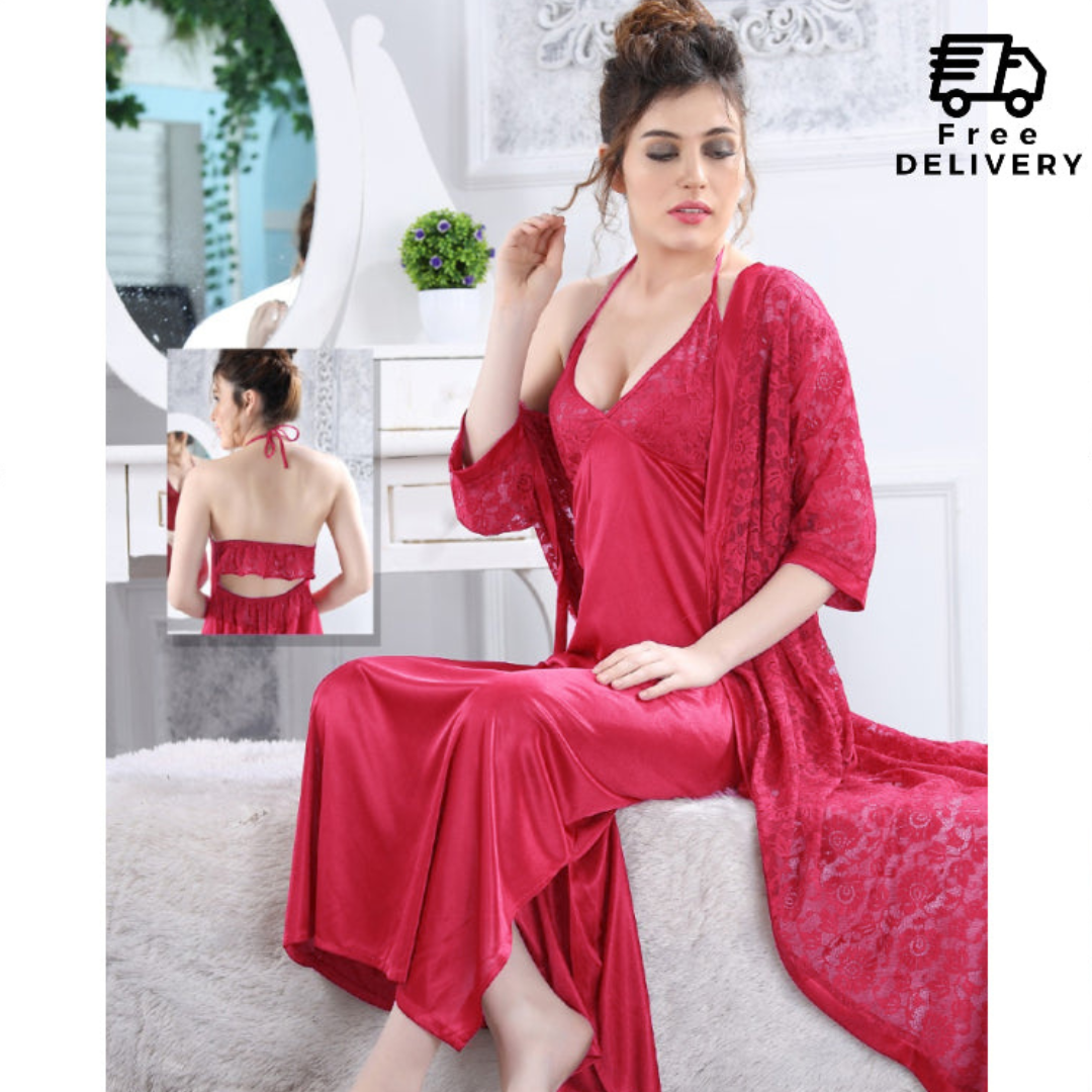 Ladies Long Satin Silk 2-Pcs Lingerie