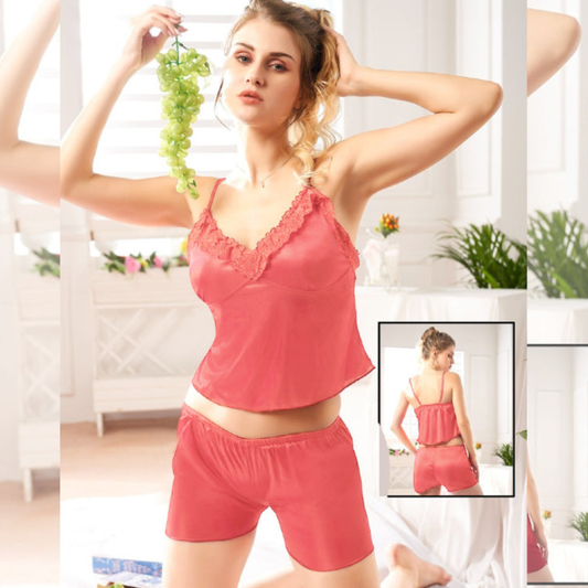 2 Pcs Plain Satin Silk Short Lingerie