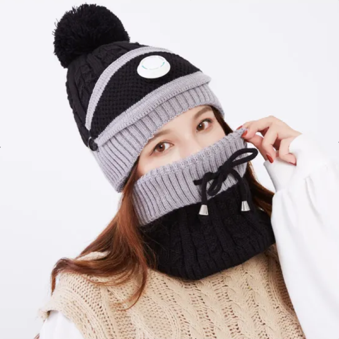 Winter Fleece Warm Cap & Scarf Set With Attached Face Mask For Ladies