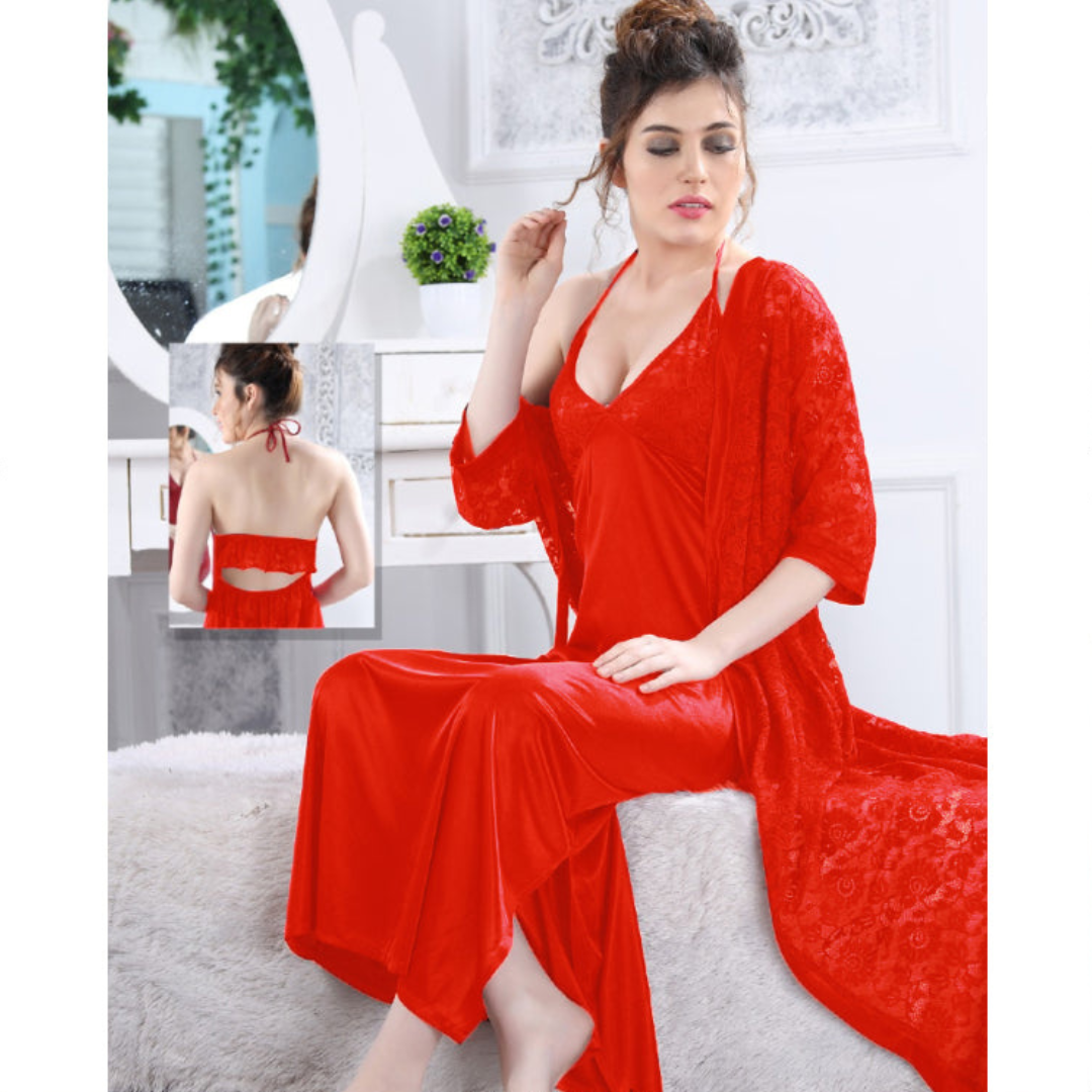 Ladies Long Satin Silk 2-Pcs Lingerie