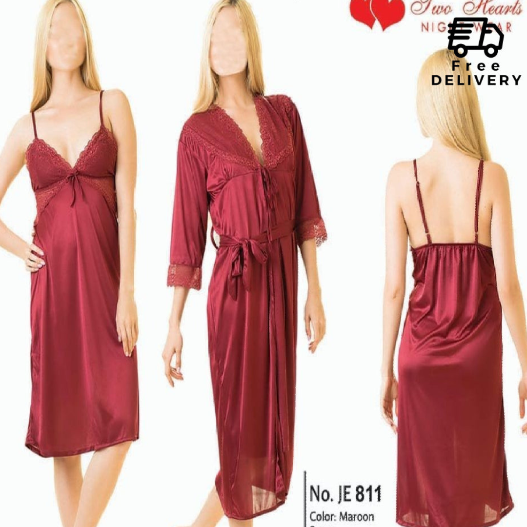 Ladies Floral Design Satin Silk 2-Pcs Long Nightwear Lingerie