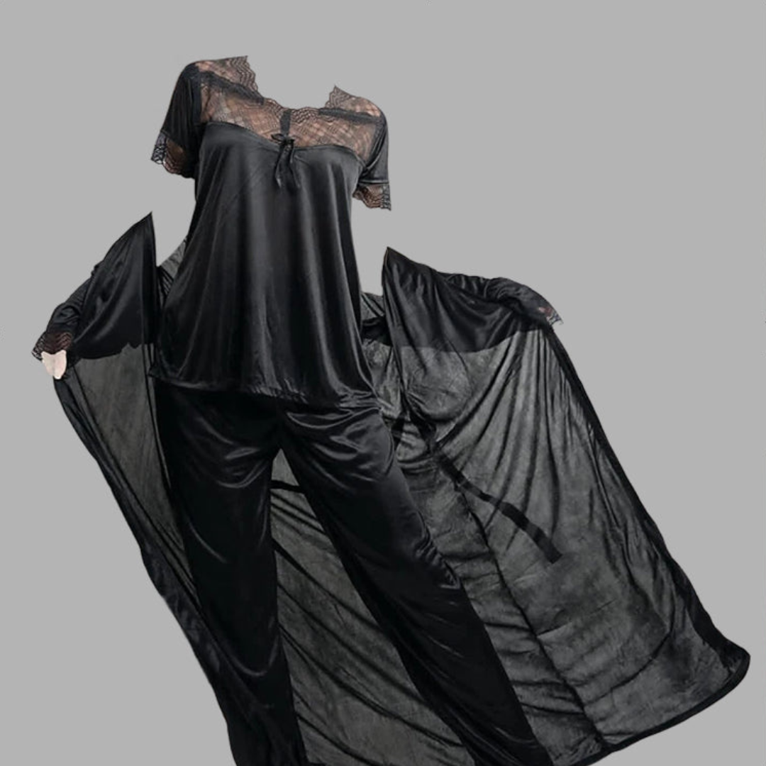 3 Pcs Satin Silk Pajama Set With Nightygown