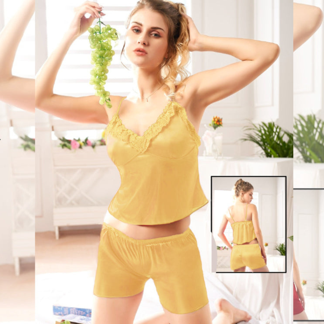 2 Pcs Plain Satin Silk Short Lingerie