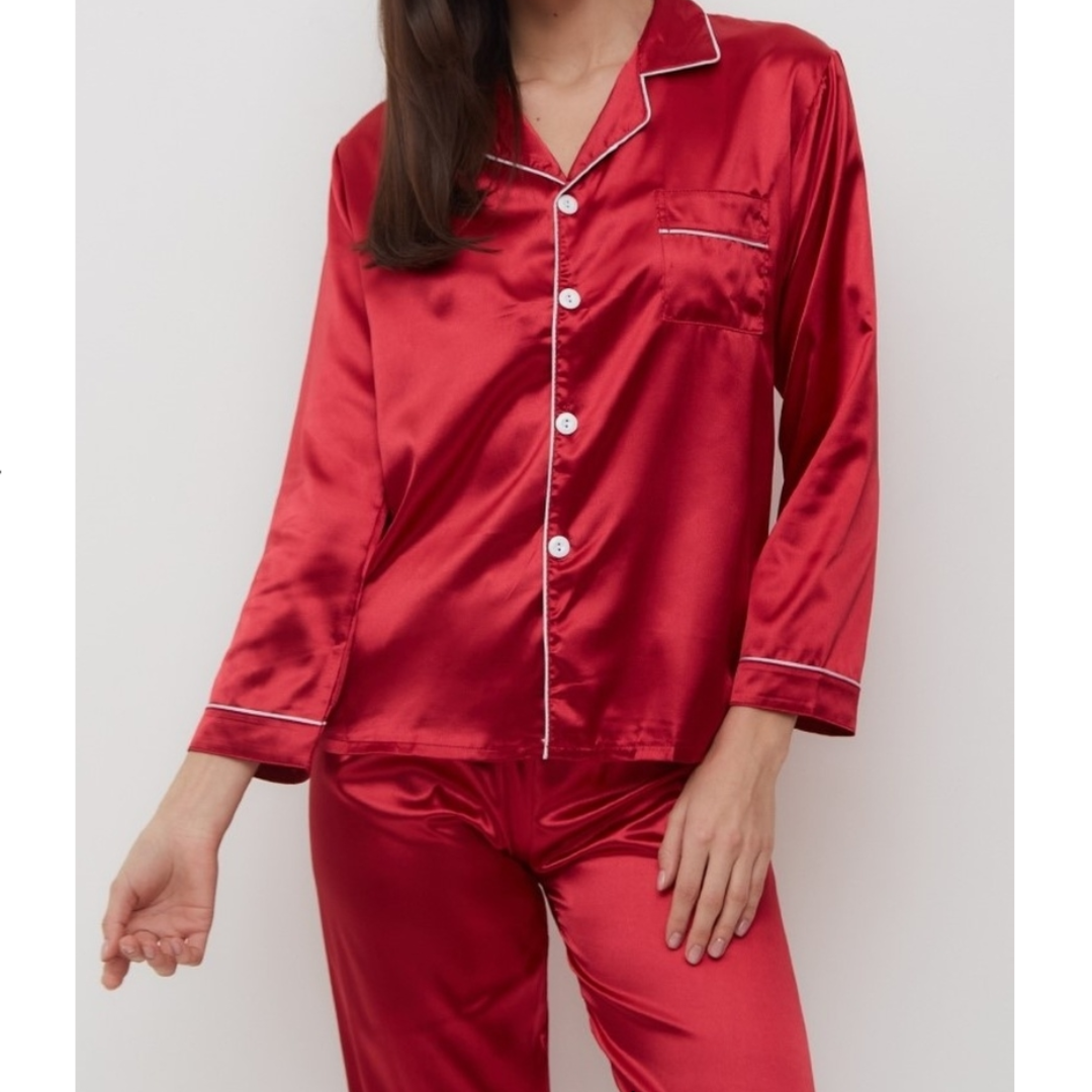 Satin Silk Pajamas Set V Neck Notched Collar