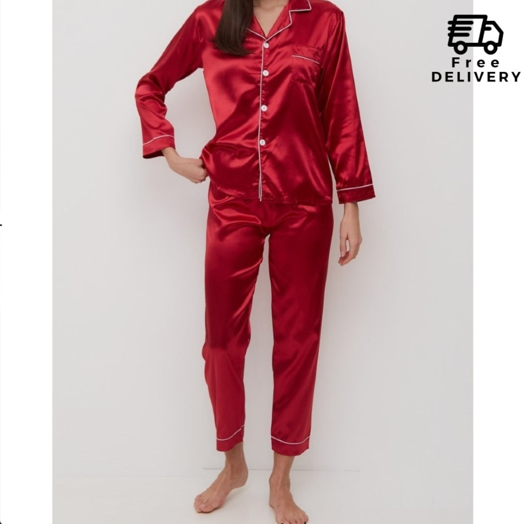 Satin Silk Pajamas Set V Neck Notched Collar