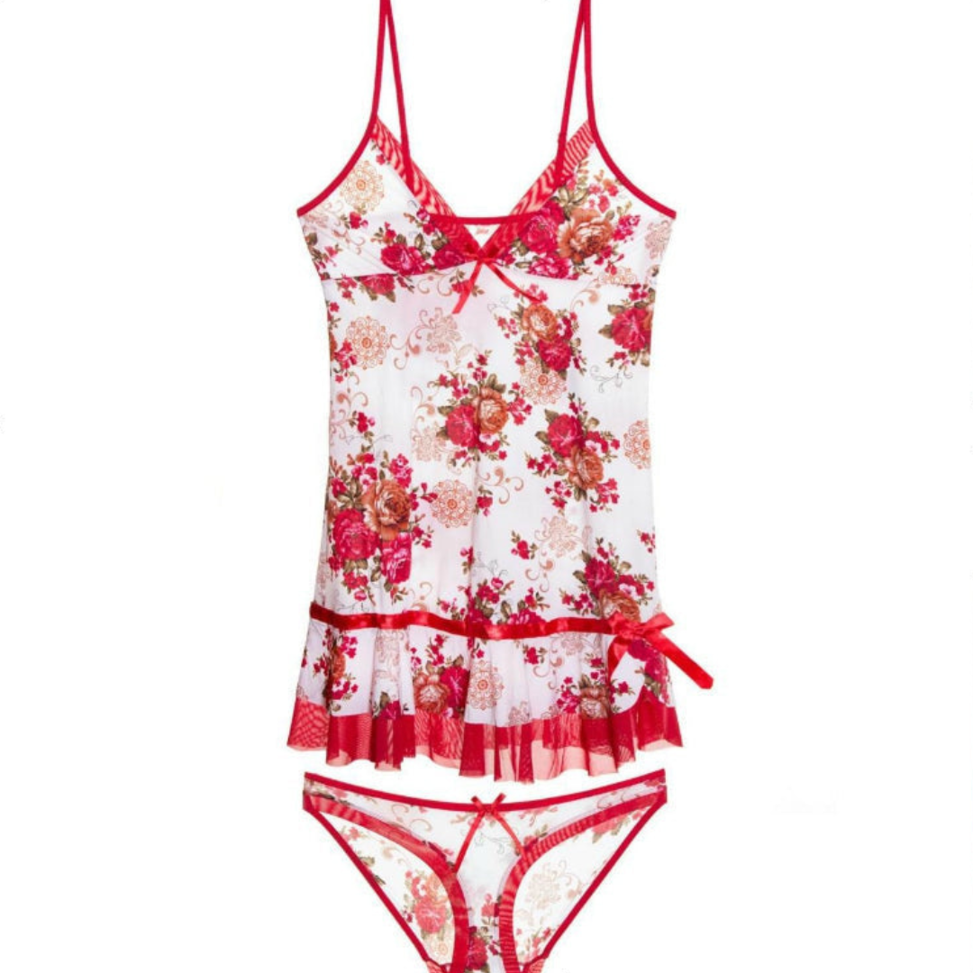 2-Pcs V-Neck Floral Print Short Nightwear Lingerie