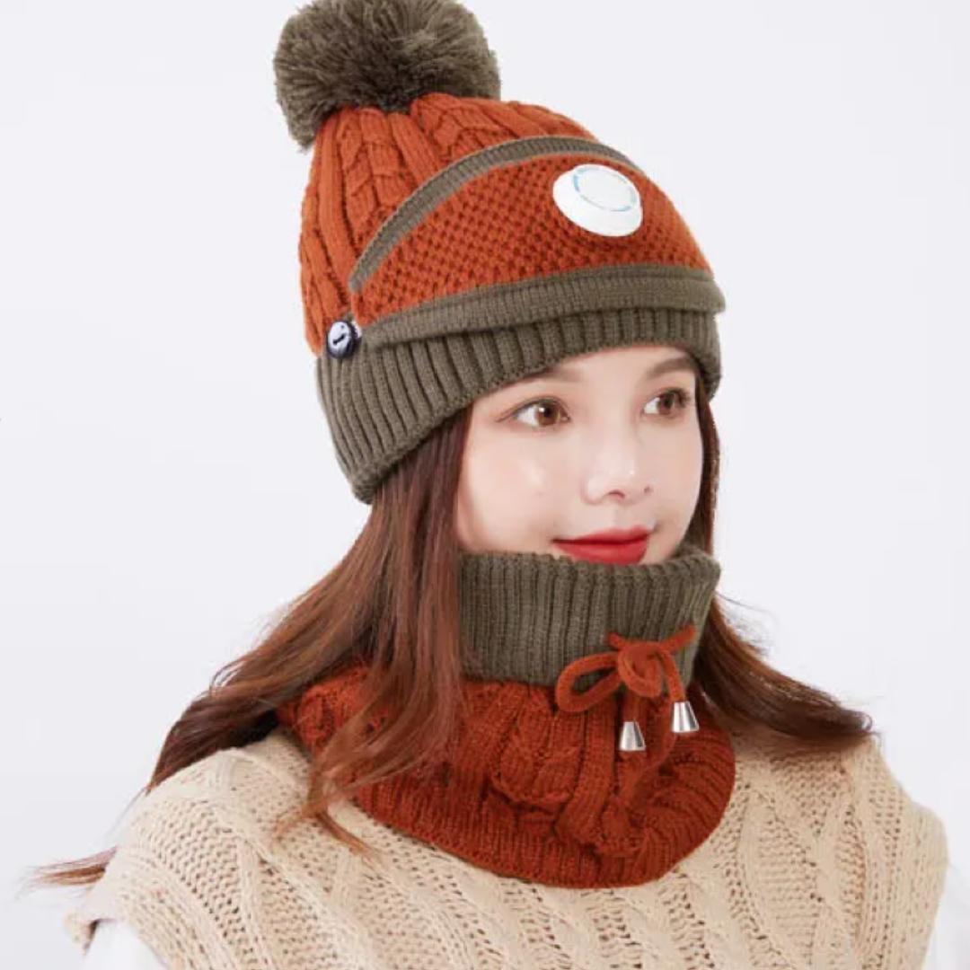 Winter Fleece Warm Cap & Scarf Set With Attached Face Mask For Ladies
