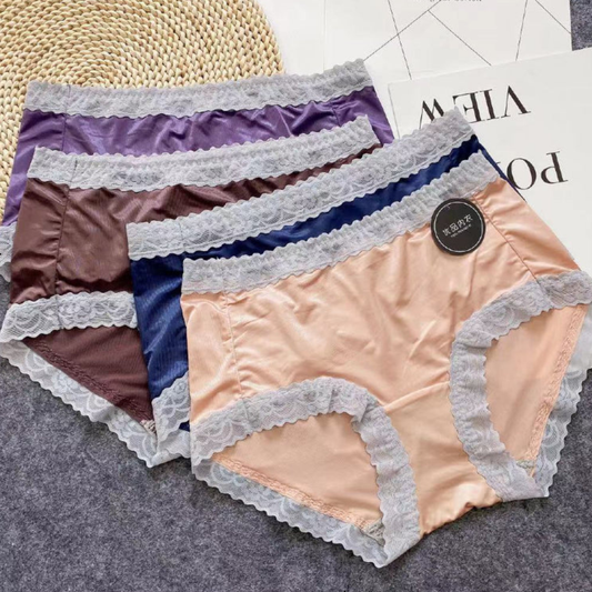 Pack of 2 Ladies Mid Waist Trim Lace Design Soft Silk Panties