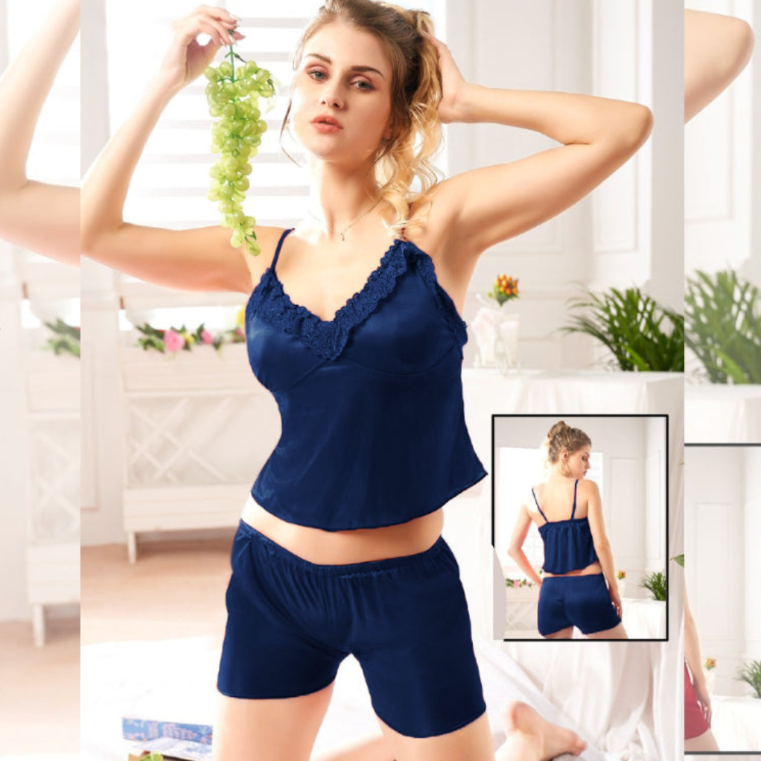 2 Pcs Plain Satin Silk Short Lingerie