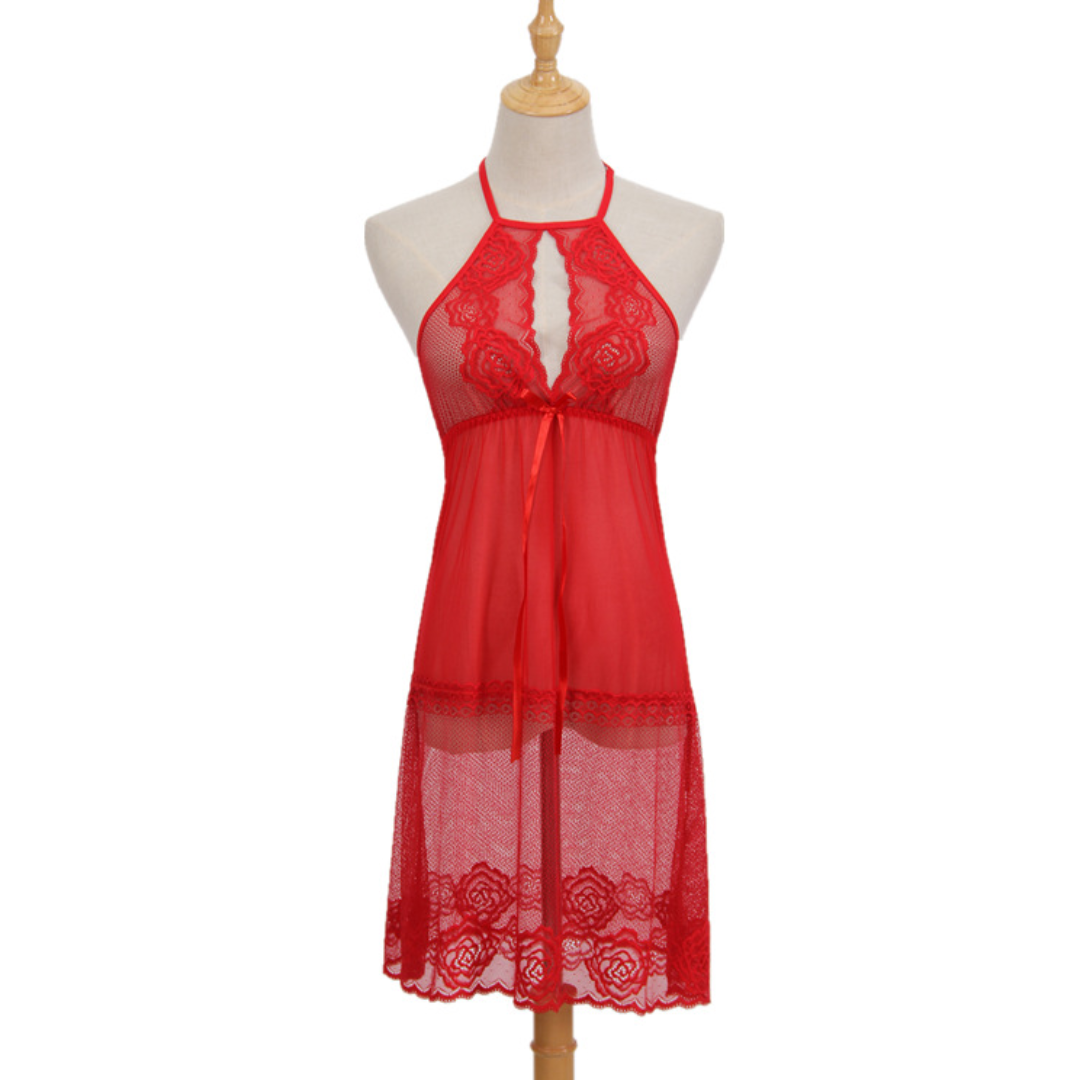 Halter Neck Lace Design Short Lingerie With Panty