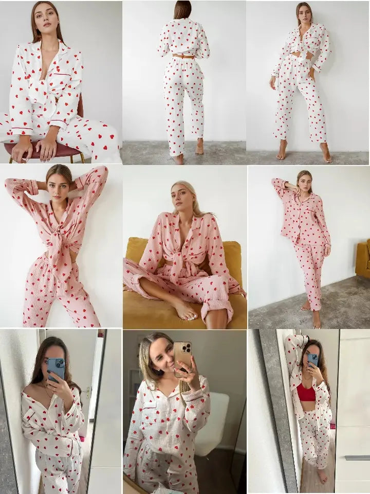 Heart Print Slip Nightdress Casual Crew Neck Criss Cross