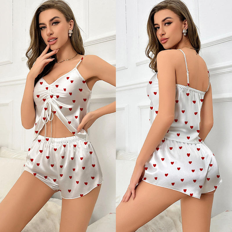 Women’s Heart Print Pajama Set, Sleeveless Crop Top and Shorts