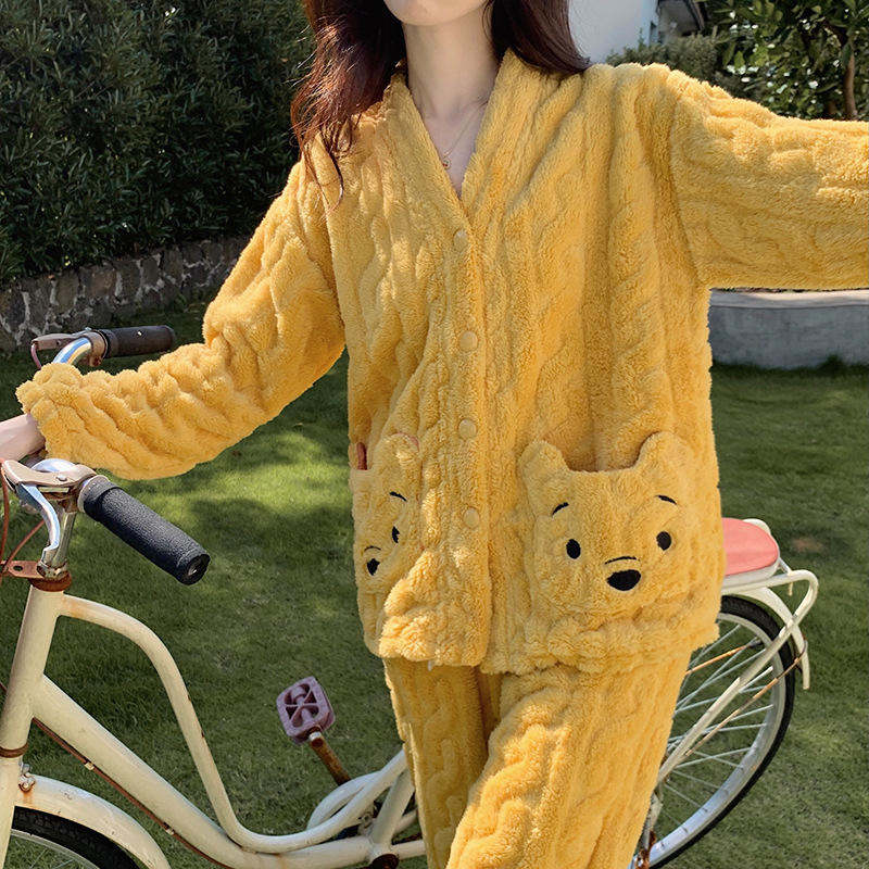 Cute Autumn Winter Women Fleece Pajama Set Home Wear